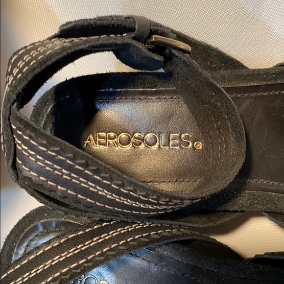 Aerosoles Black Leather Ankle Strap Wedge Sandals - Picture 7 of 7